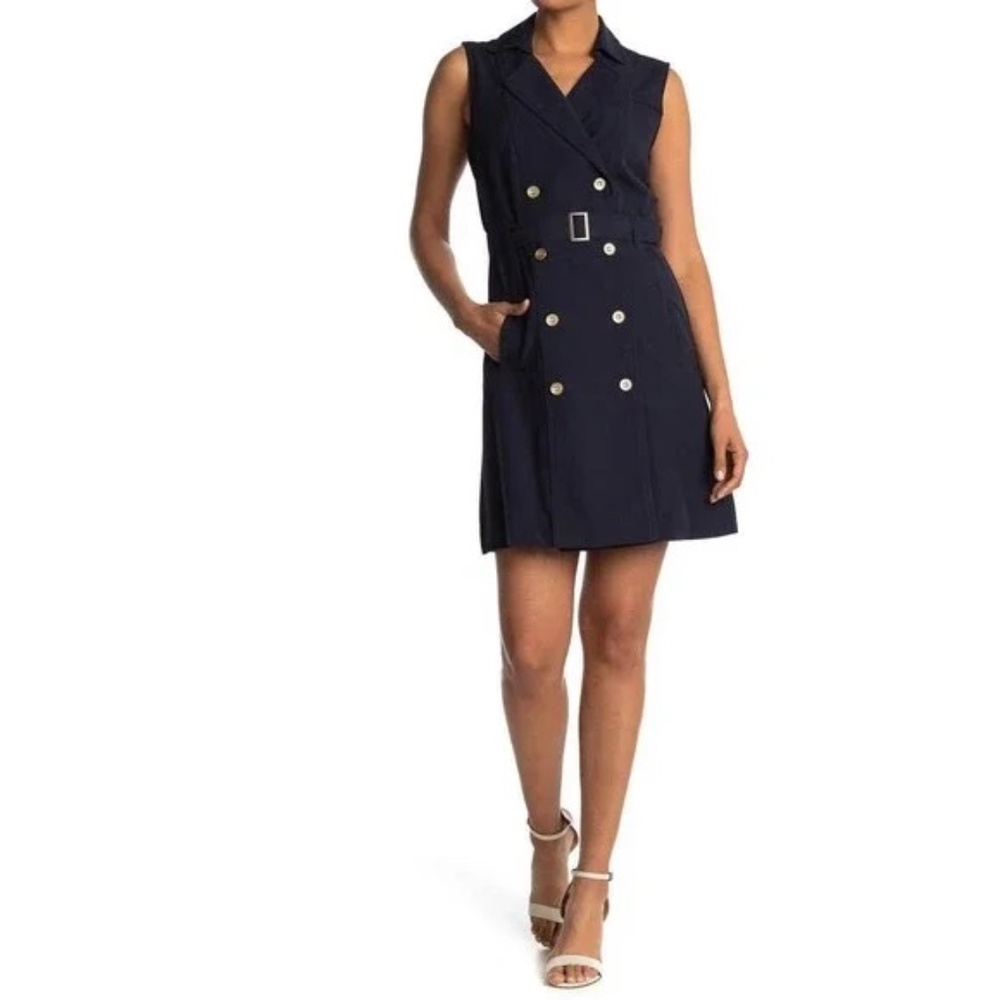 Sharagano Navy Double Breasted Belted Shirt Dress 14 Gold Button